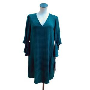 Calvin Klein green bell sleeve houndstooth shift mini dress